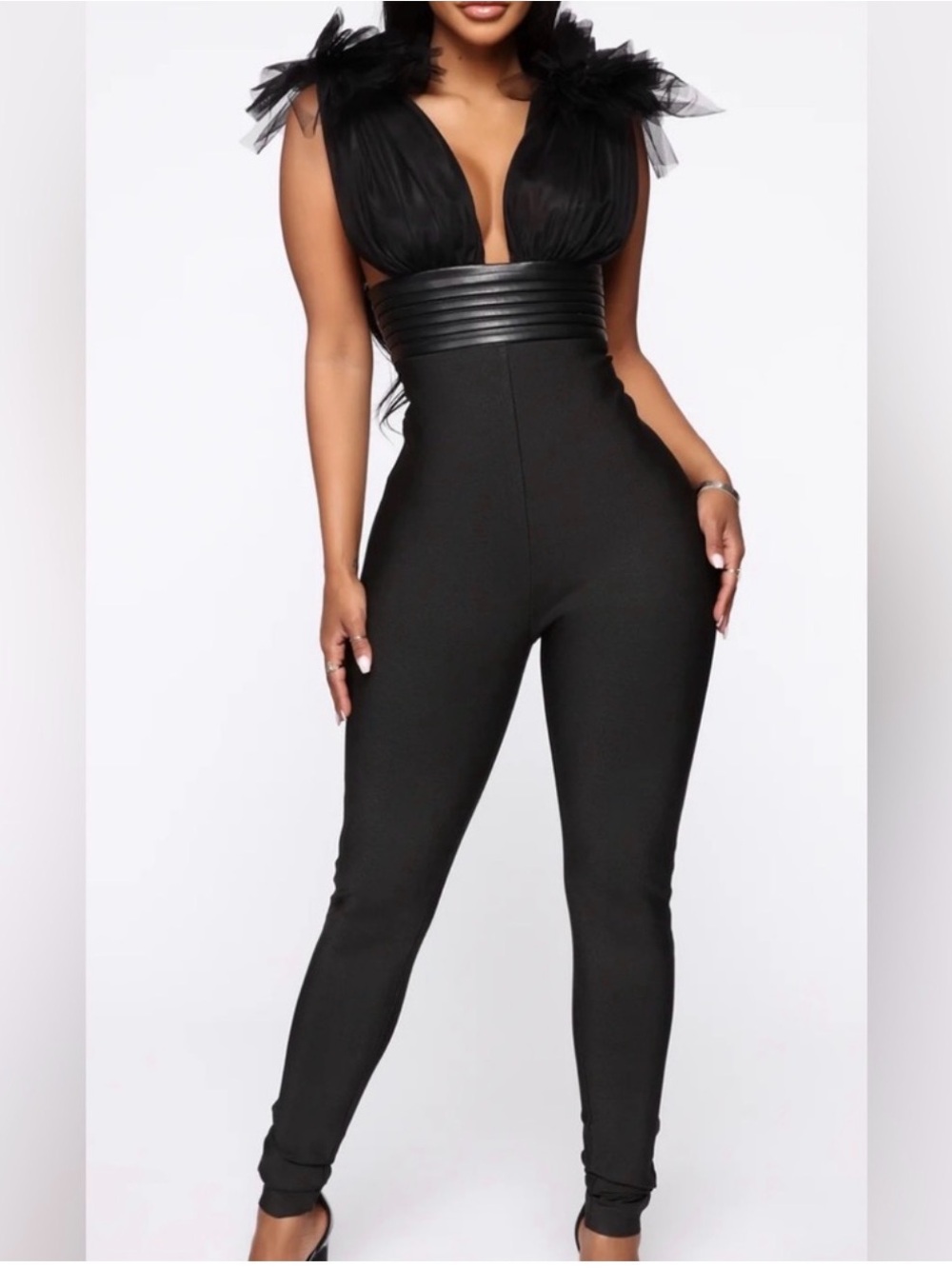 Fashion NOVA Elegant Black Tulle-Shoulder BANDAGE Jumpsuit